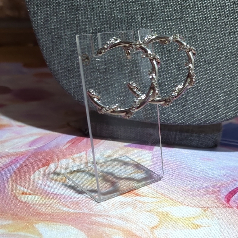 Silver Sparkly Rhinestone Hoop Earrings - Picture 4 of 10